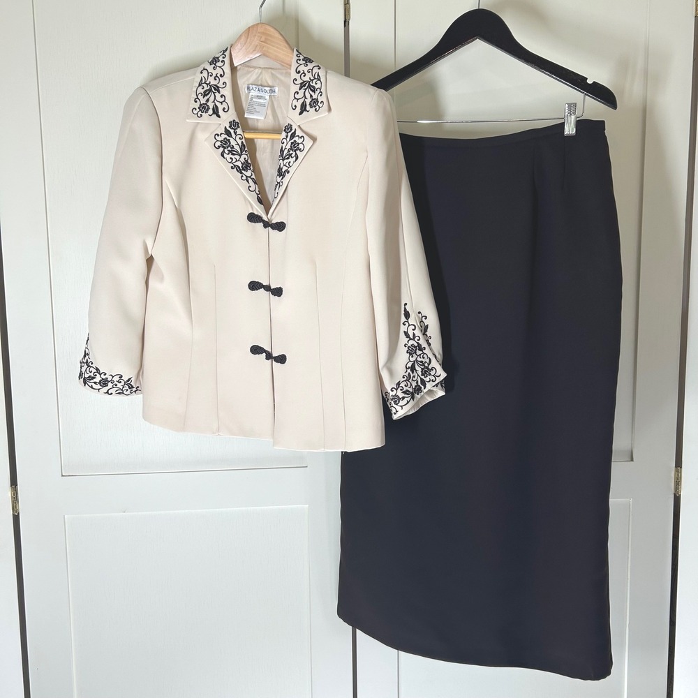 Vintage Plaza South Skirt Suit Women 12 Cream Brown Floral Embroidered Evening